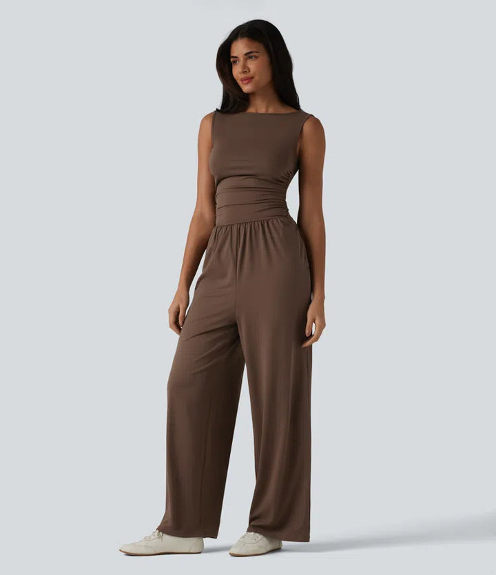 Boat Neck Sleeveless Ruched Wide Leg Casual Dungarees with Pockets-Easy Peezy Edition