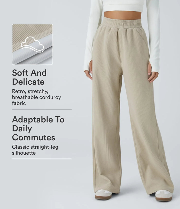 High Waisted Pocket Straight Leg Baggy Mop Corduroy Casual Trousers