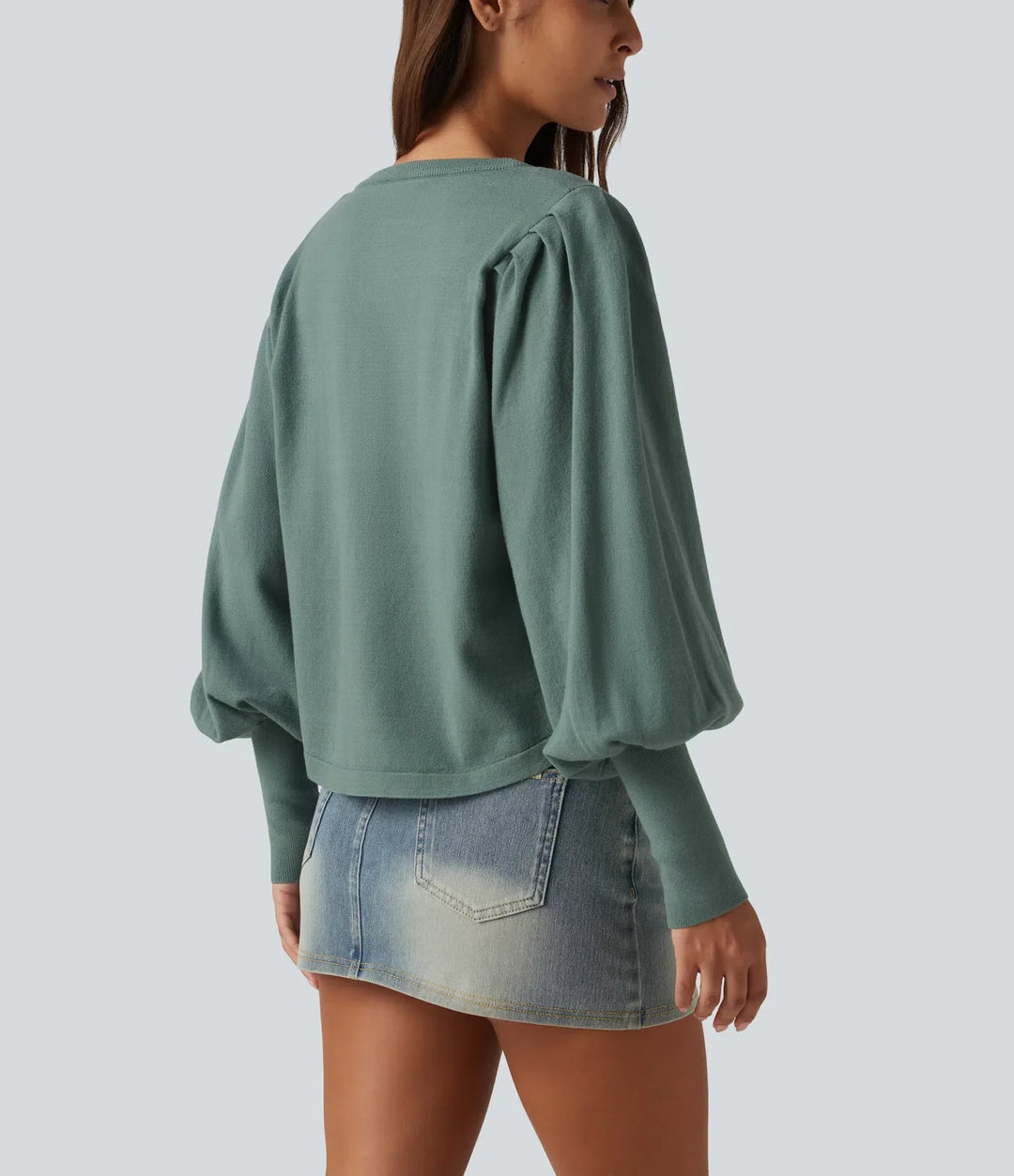Henley Neck Puff Long Sleeve Relaxed Work Jumper