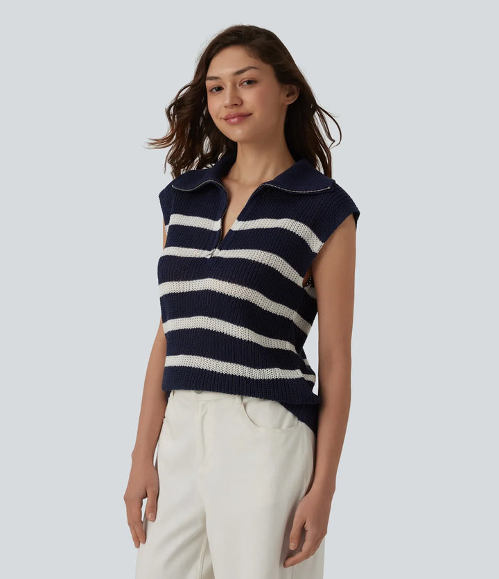 Half Zip Sleeveless Stripe Casual Jumper