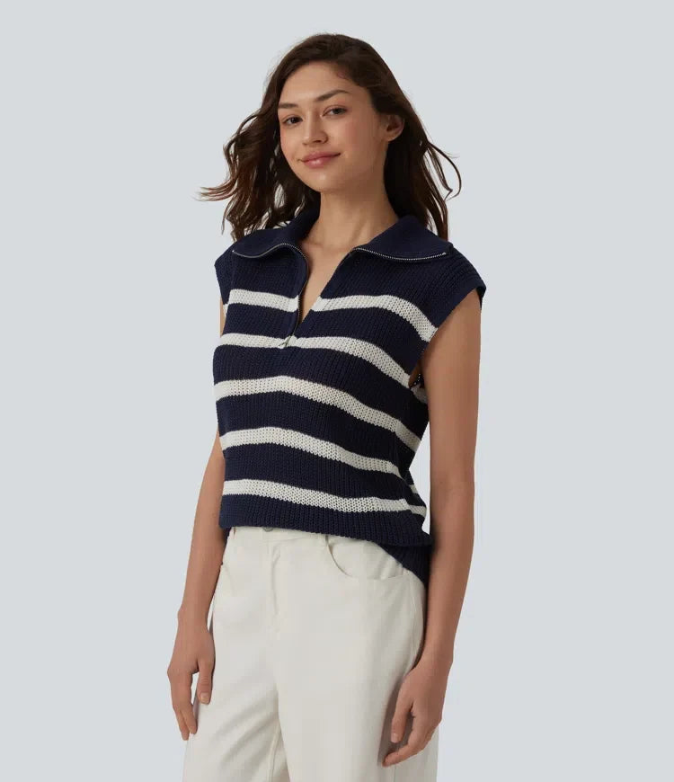 Half Zip Sleeveless Stripe Casual Jumper