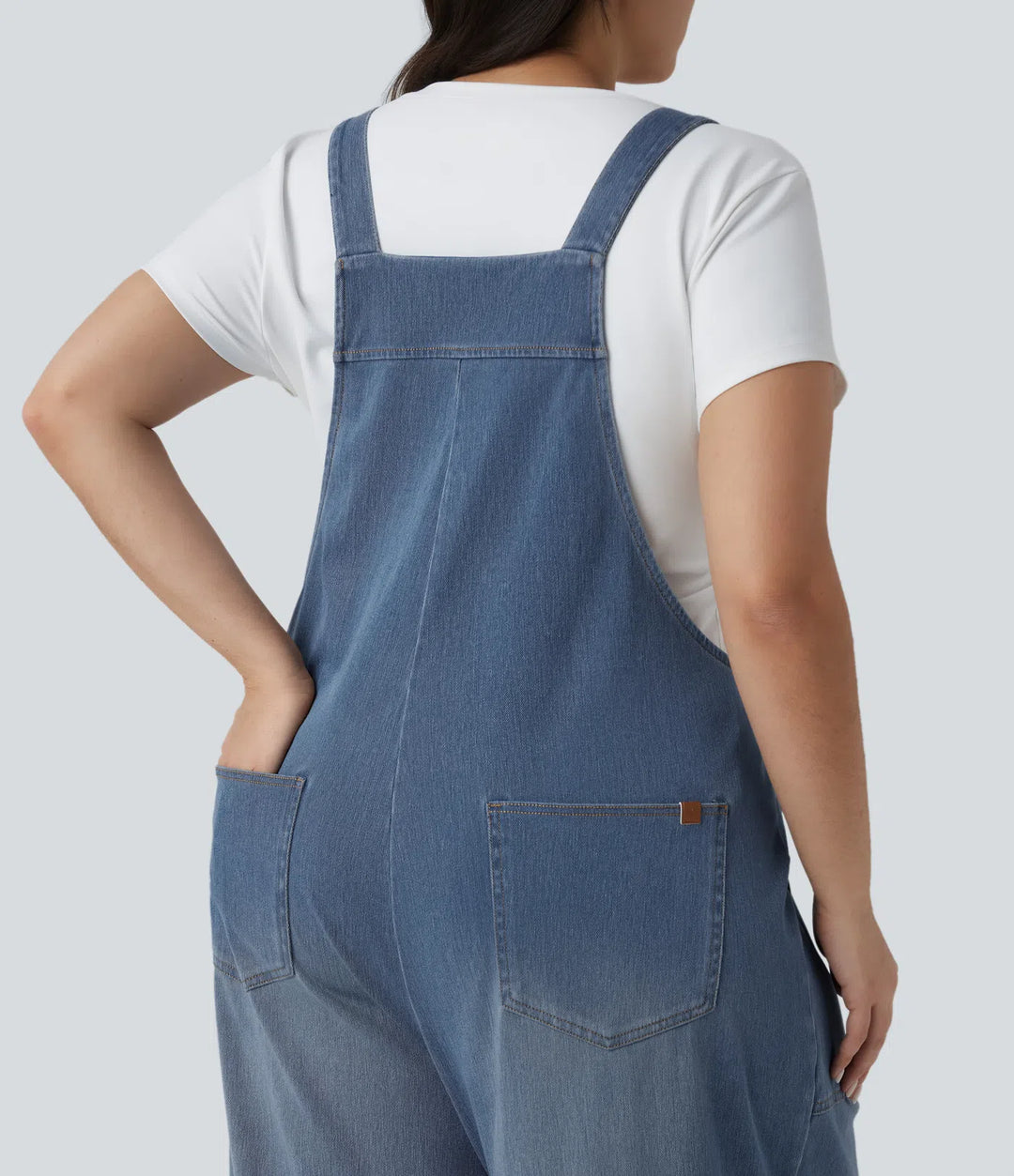 Plus Size Halara Flex Square Neck Washed Denim Casual Dungarees with Pockets