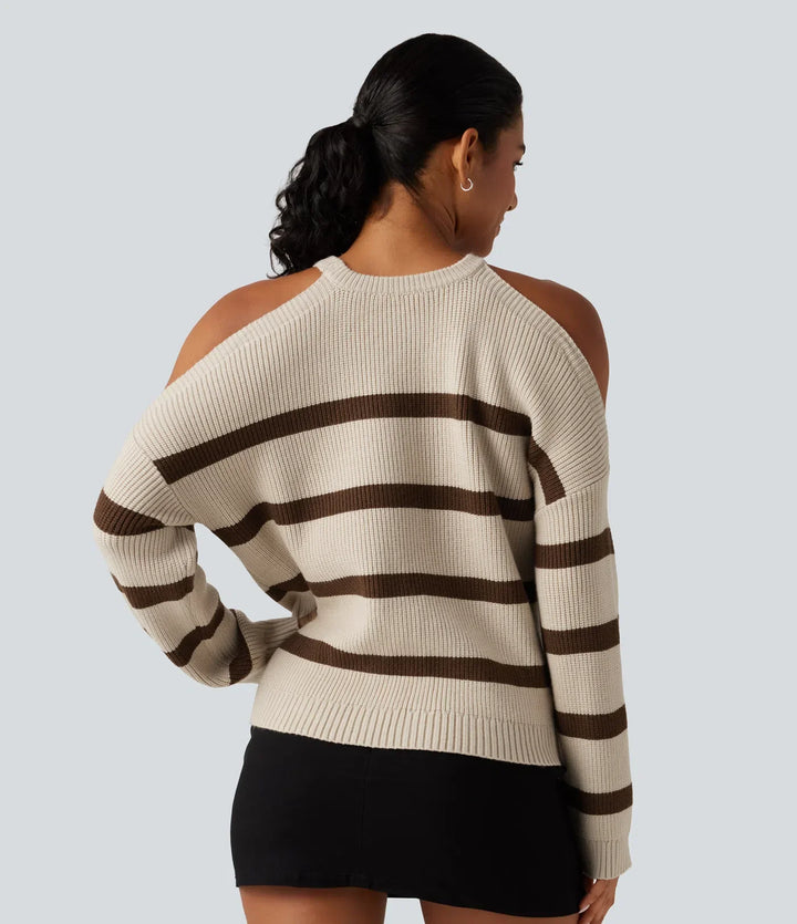 Round Neck Cold Shoulder Long Sleeve Stripe Work Jumper