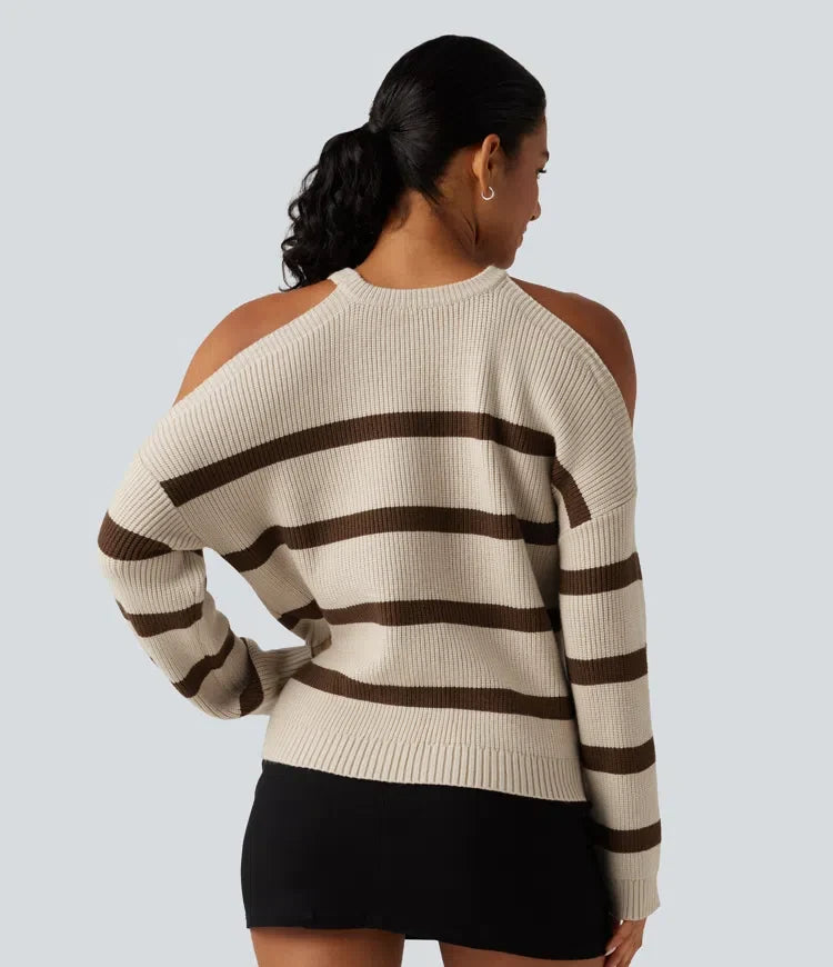 Round Neck Cold Shoulder Long Sleeve Stripe Work Jumper