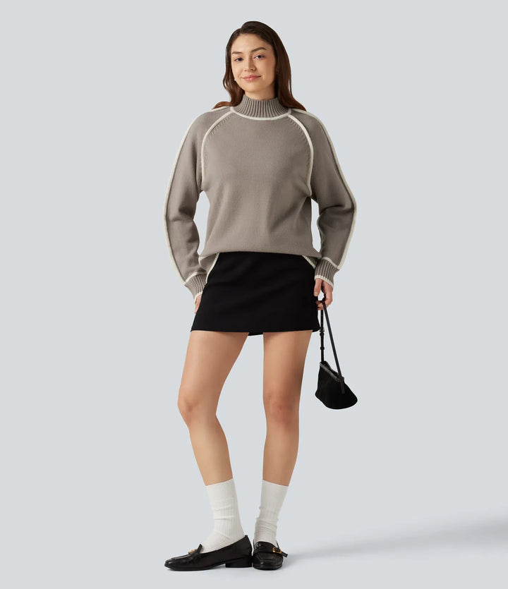 Mock Neck Raglan Long Sleeve Color Block Work Jumper