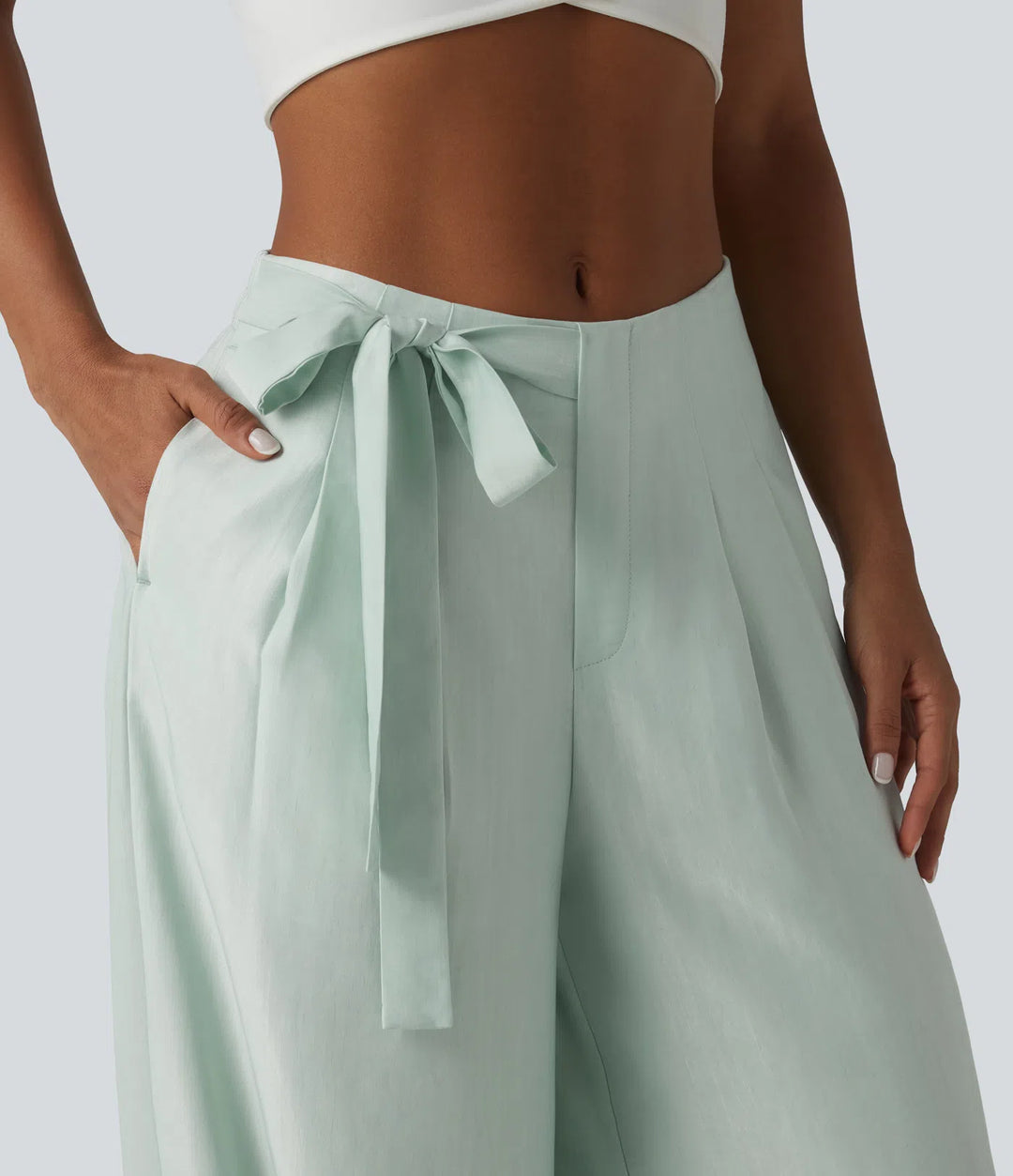 High Waisted Tie Side Baggy Linen-Blend trousers with Pockets