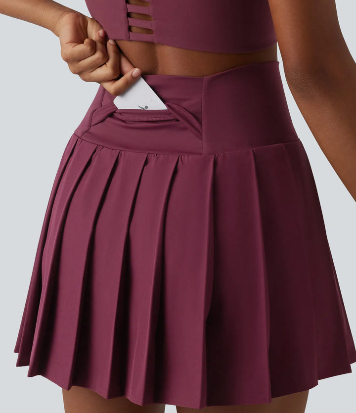 Breezeful High Waisted Pleated 2-in-1 Asymmetric Hem Quick Dry Mini Dance Skirt with Pockets-Longer Length