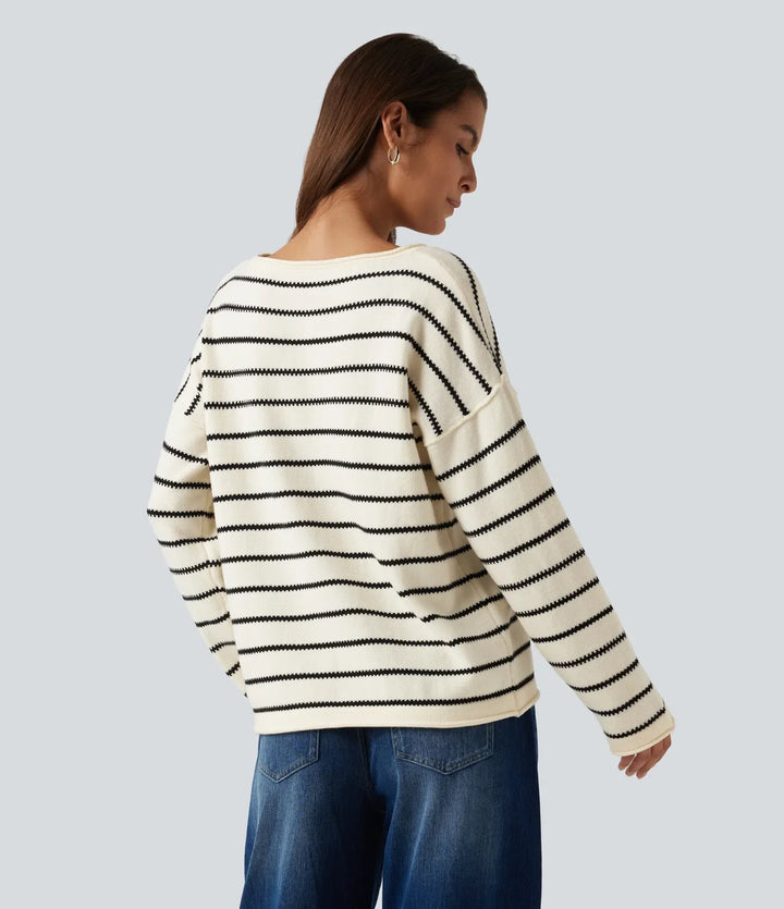 Boat Neck Long Sleeve Stripe Rolled Hem Oversized Casual Jumper