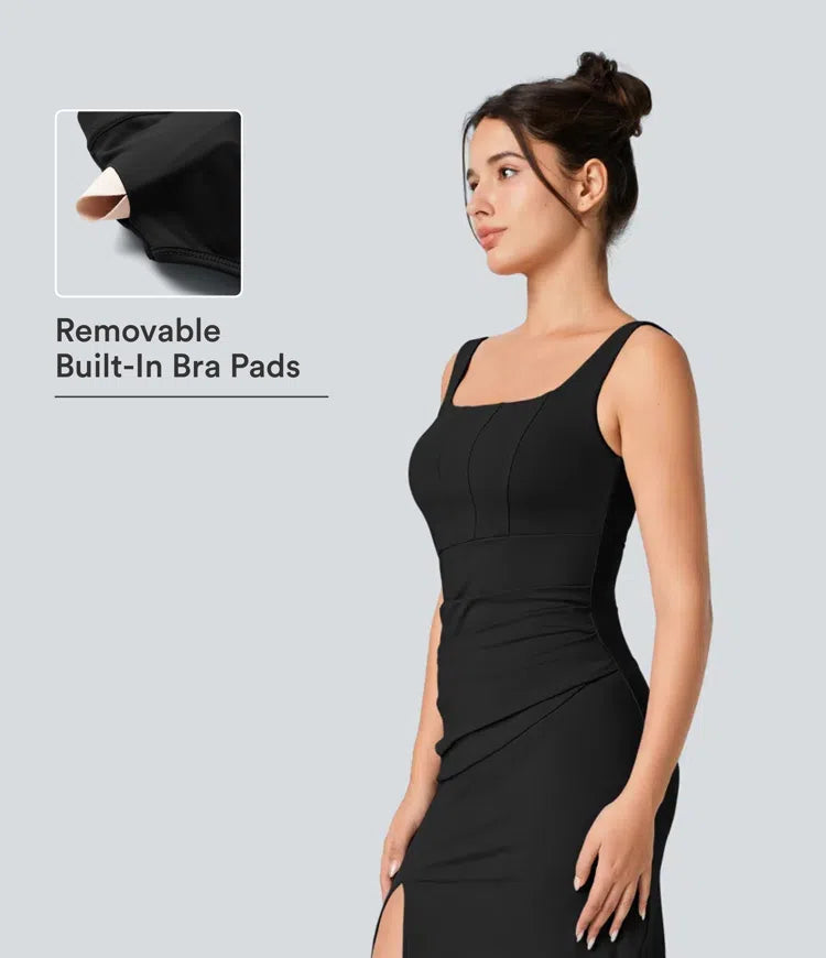 SoftlyZero Airy Square Neck Backless Corset Ruched Split Bodycon Midi InstantCool Bridesmaid and Wedding Guest Dress