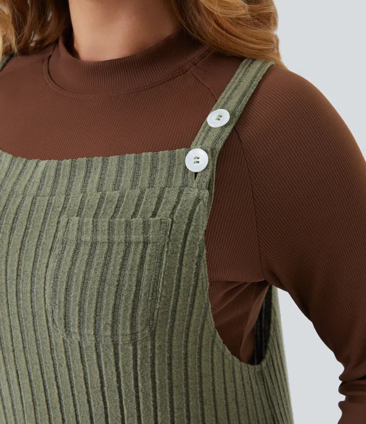 Ribbed Knit Fleece Casual Plus Size Dungarees with Pockets