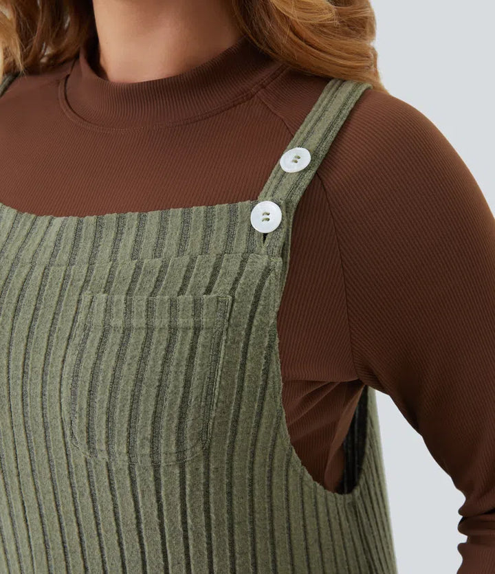 Ribbed Knit Fleece Casual Plus Size Dungarees with Pockets