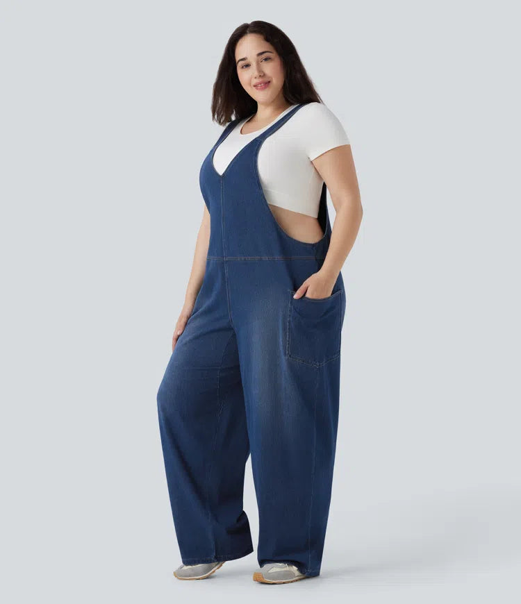 Halara Flex V Neck Washed Denim Casual Plus Size Dungarees with Pockets