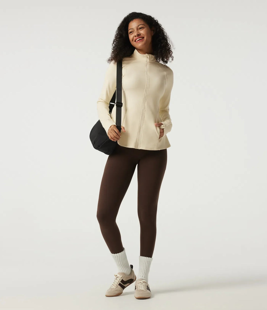 Stand Collar Long Sleeve Yoga Jacket with Pockets and Thumb Holes