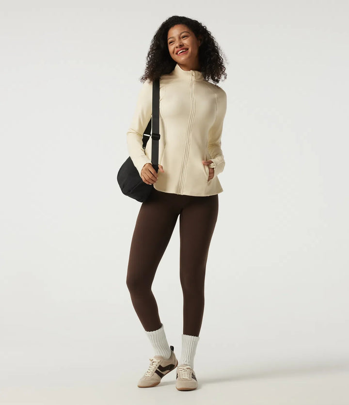 Stand Collar Long Sleeve Yoga Jacket with Pockets and Thumb Holes