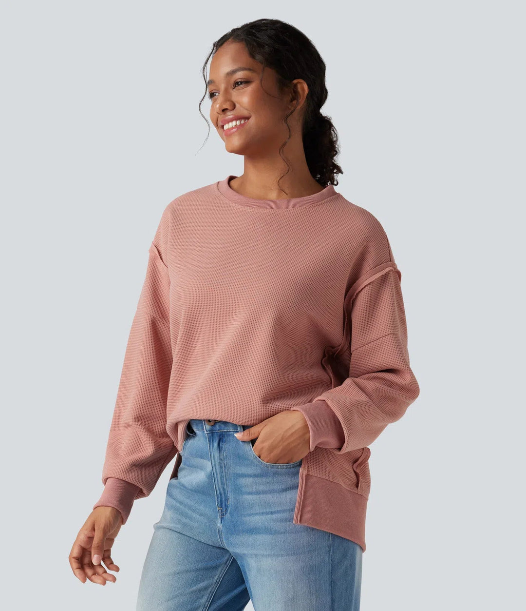 Round Neck Long Sleeve Split Hem Waffle Casual Sweatshirt
