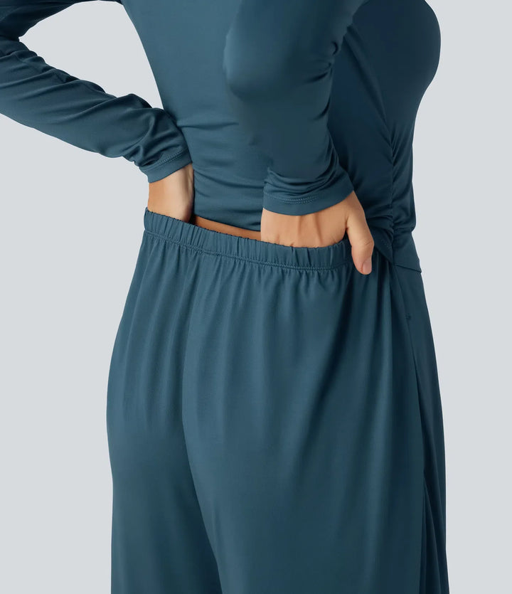 Boat Neck Long Sleeve Wide Leg Ruched Casual Jumpsuit with Pockets-Easy Peezy Edition