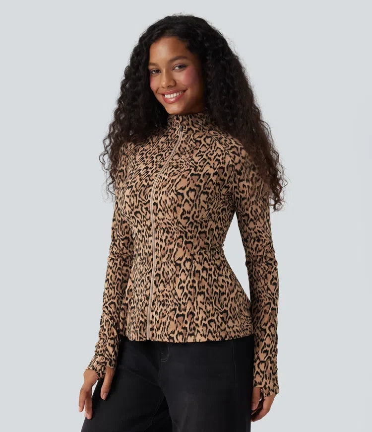 Halara UltraSculpt Leopard Print Stand Collar Long Sleeve Thumb Hole Casual Jacket with Pockets