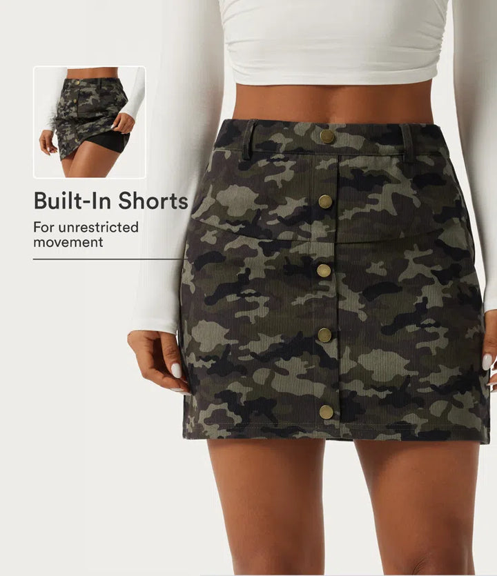 High Waisted Camo 2-in-1 A Line Mini Casual Skirt with Pocket