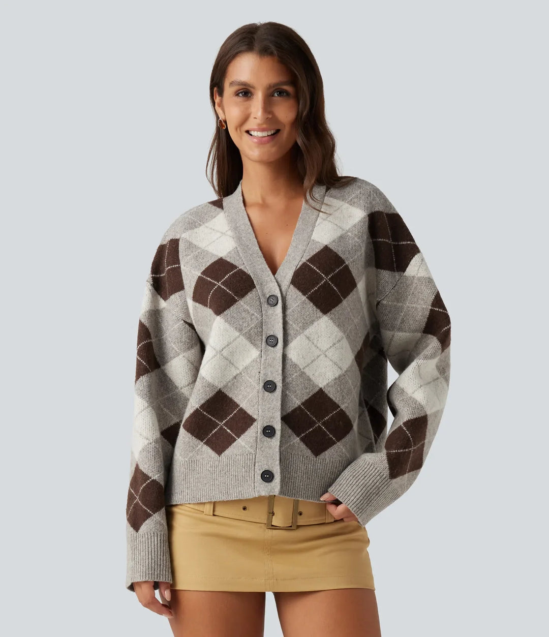 V Neck Long Sleeve Plaid Casual Cardigan