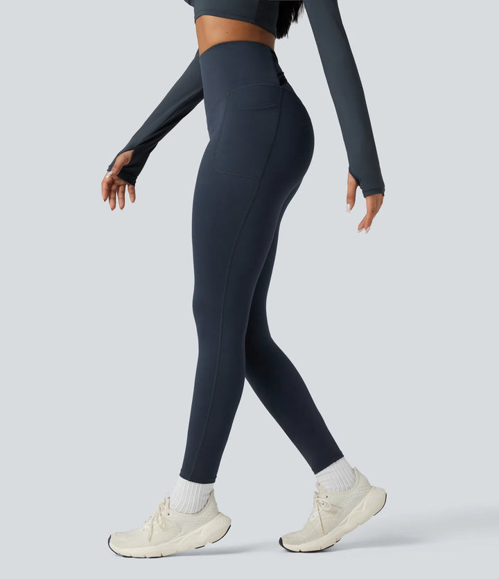 Halara Ultrasculpt Heat High Waisted Tummy Control Crossover Back Fleece Running Leggings with Pockets