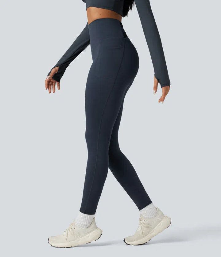 Halara Ultrasculpt Heat High Waisted Tummy Control Crossover Back Fleece Running Leggings with Pockets