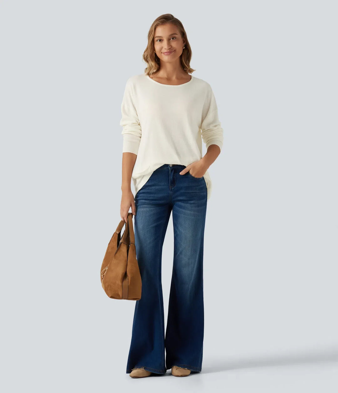 Round Neck Long Sleeve Casual Jumper with Pockets