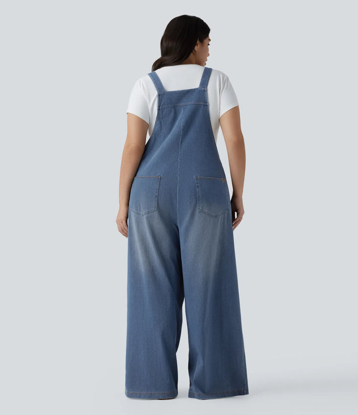 Plus Size Halara Flex Square Neck Washed Denim Casual Dungarees with Pockets