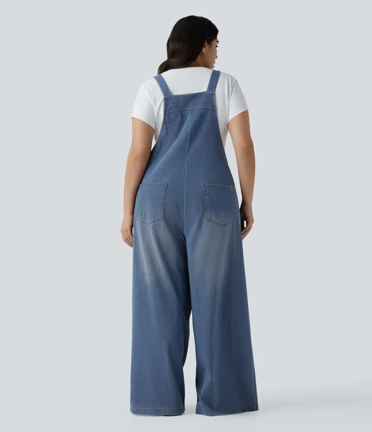 Plus Size Halara Flex Square Neck Washed Denim Casual Dungarees with Pockets