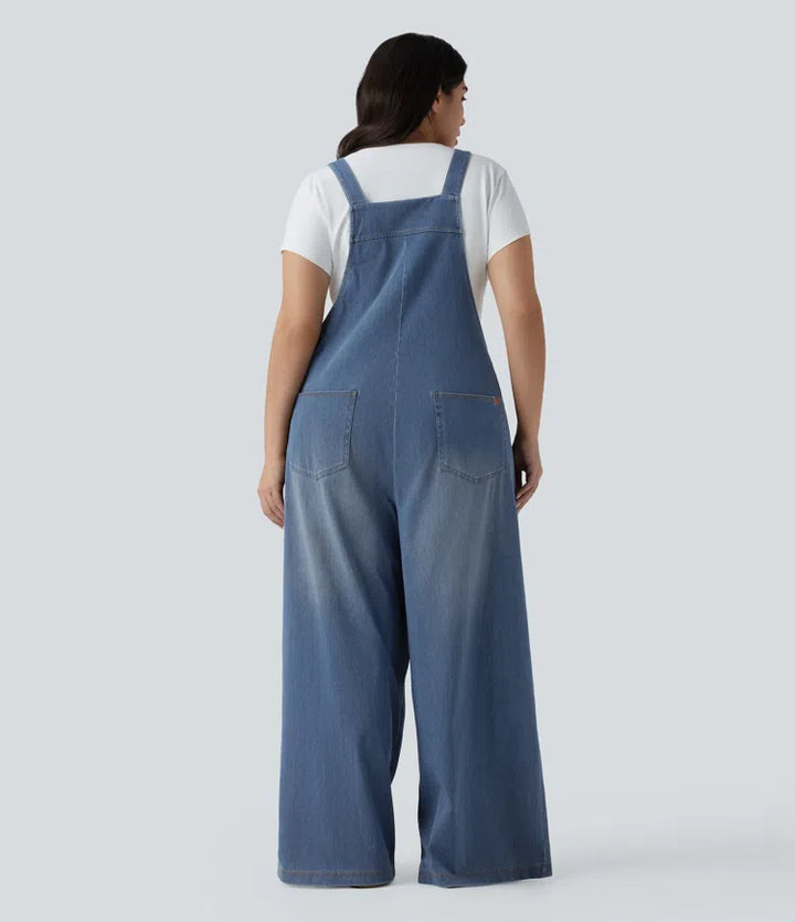 Plus Size Halara Flex Square Neck Washed Denim Casual Dungarees with Pockets