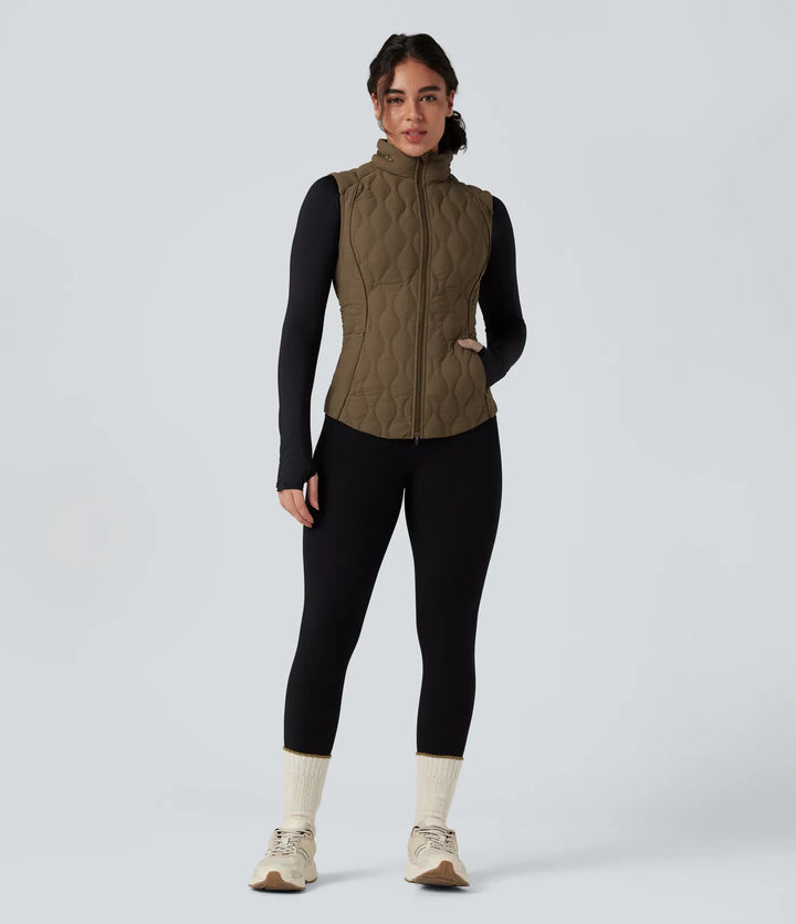 PuffFlex Packable High Neck Zipper Running Quilted Vest with Pockets