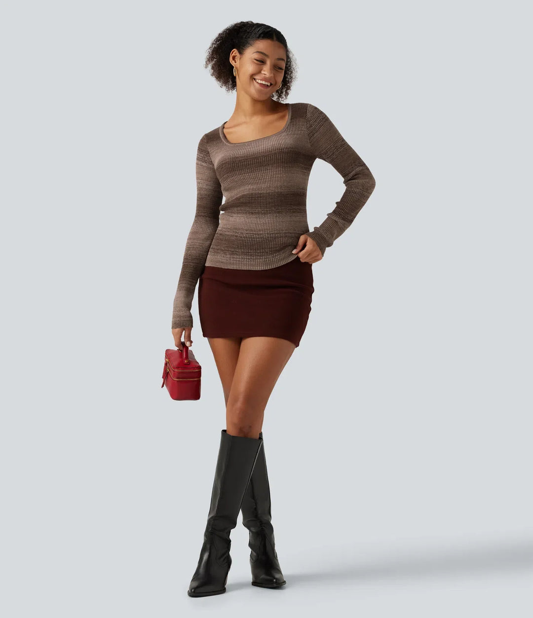 Square Neck Long Sleeve Gradient Stirpe Casual Jumper