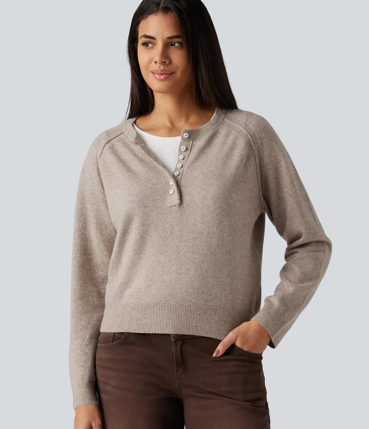 Henley Neck Long Sleeve Casual Jumper