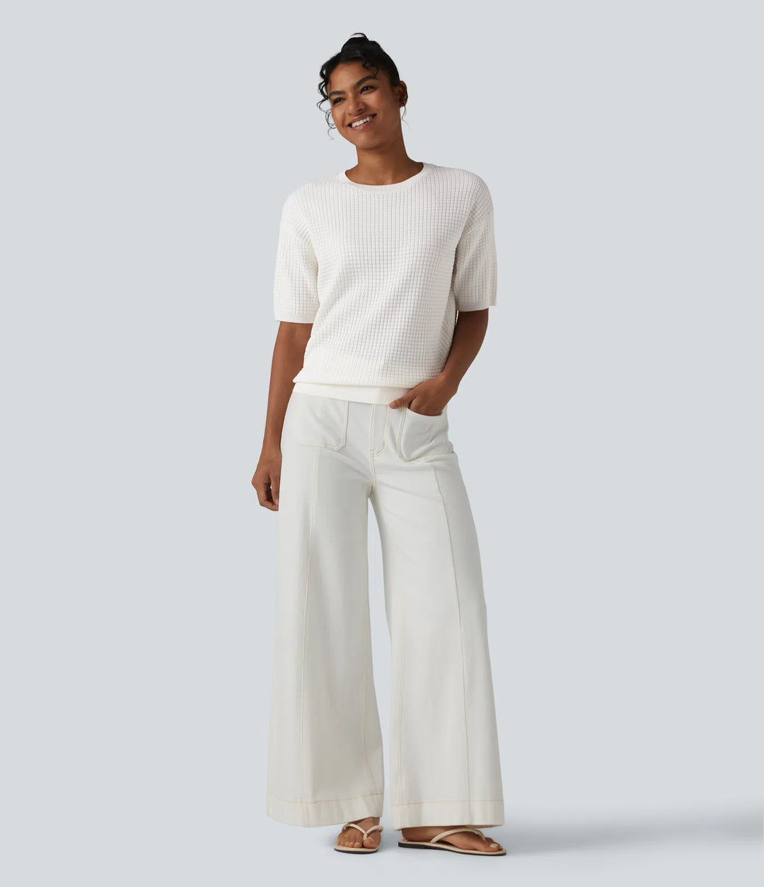Round Neck Short Sleeve Waffle Casual Jumper