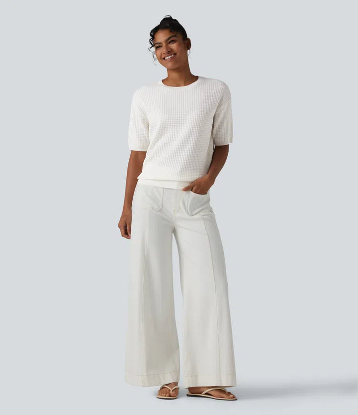 Round Neck Short Sleeve Waffle Casual Jumper