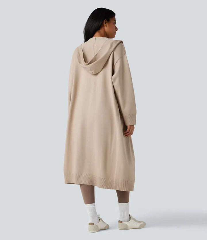Hooded Long Sleeve Longline Casual Cardigan with Pockets
