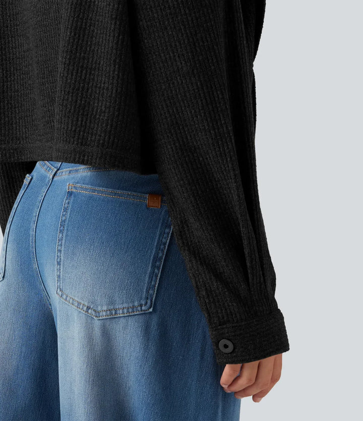 Long Sleeve Knit Waffle Casual Jacket with Pockets
