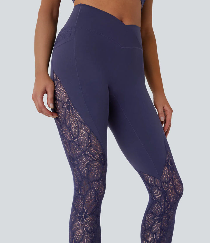 SoftlyZero High Waisted Crossover Pocket Contrast Lace 7/8 Yoga Leggings