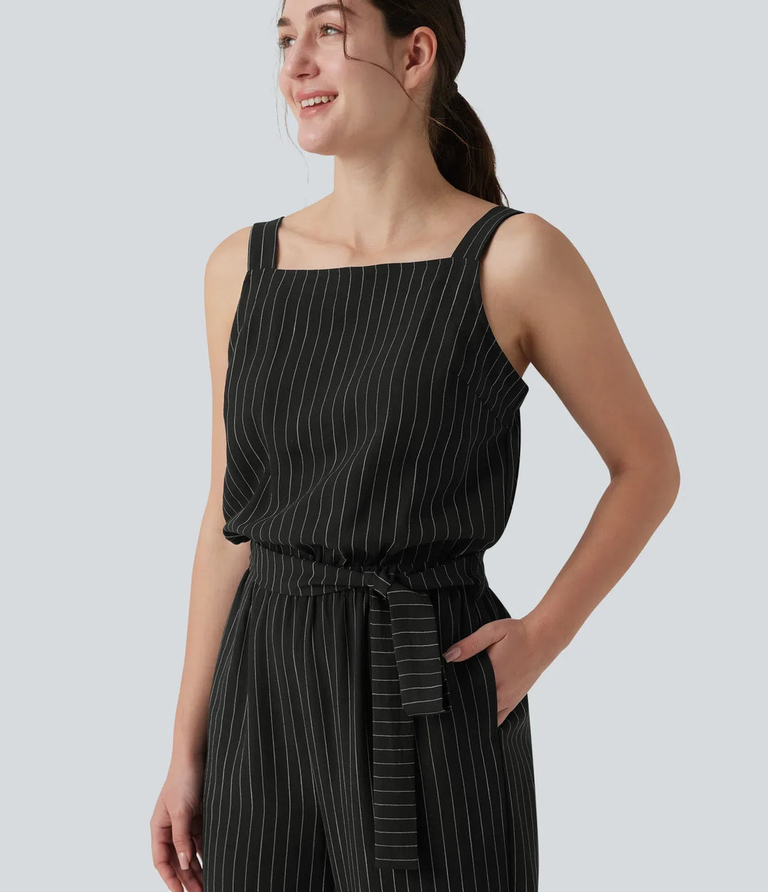 Square Neck Adjustable Straps Sleeveless Belted Stripes Casual Linen-Feel Jumpsuit with Pockets-Easy Peezy