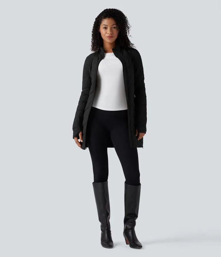 PuffFlex Stand Collar Long Sleeve Thumb Holes Zip Hem Stretchy Slim Casual Quilted Jacket with Pockets