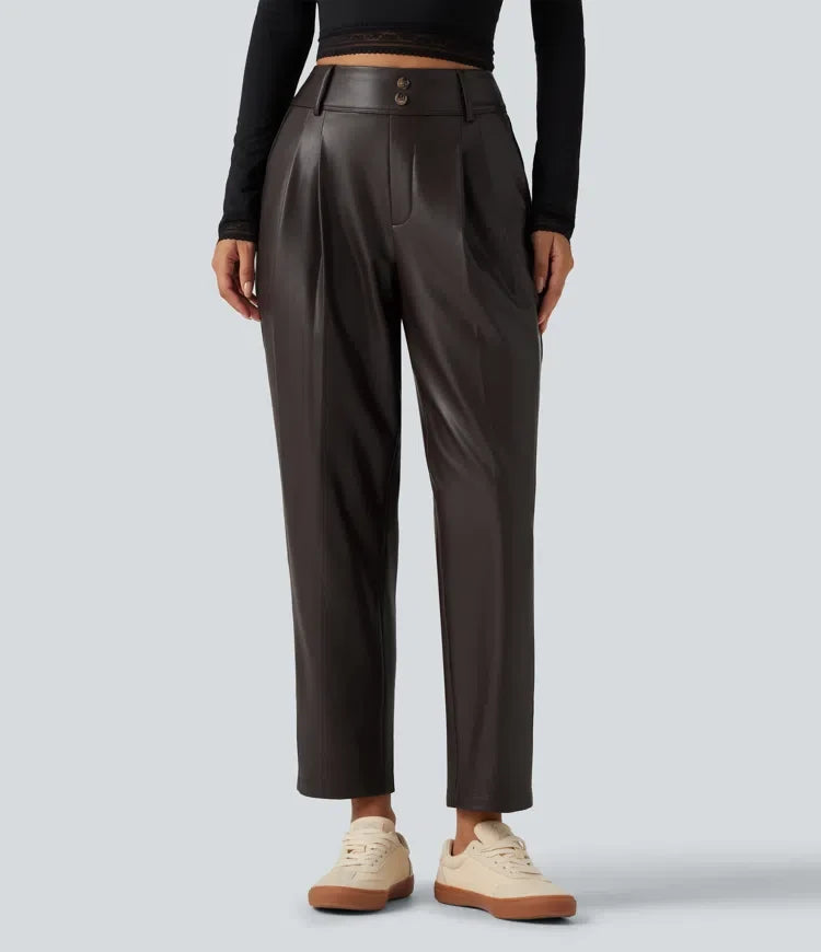 High Waisted Tapered Stretchy PU Fleece Casual Trousers with Pockets