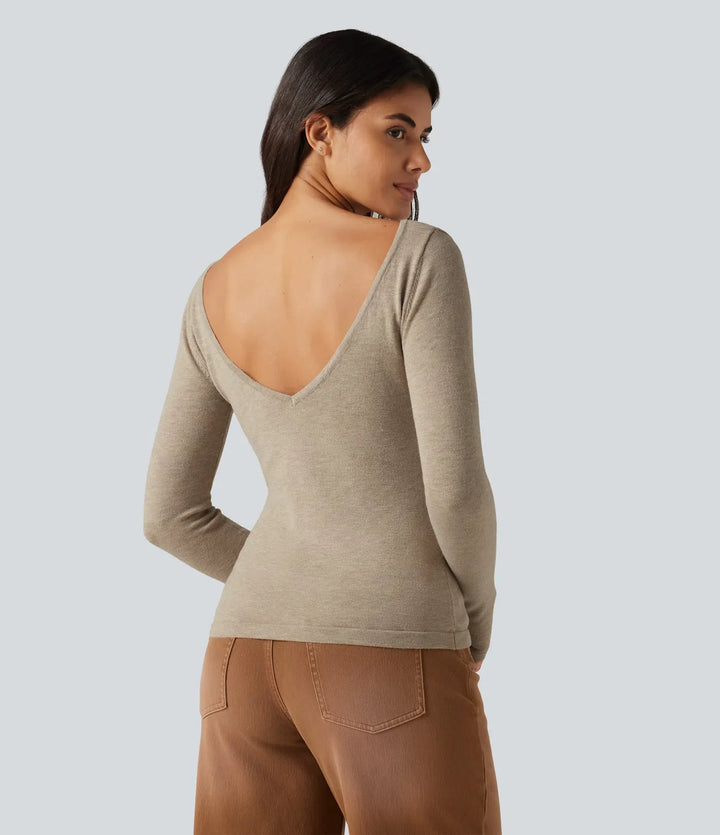 V Neck Long Sleeve Slim Casual Jumper