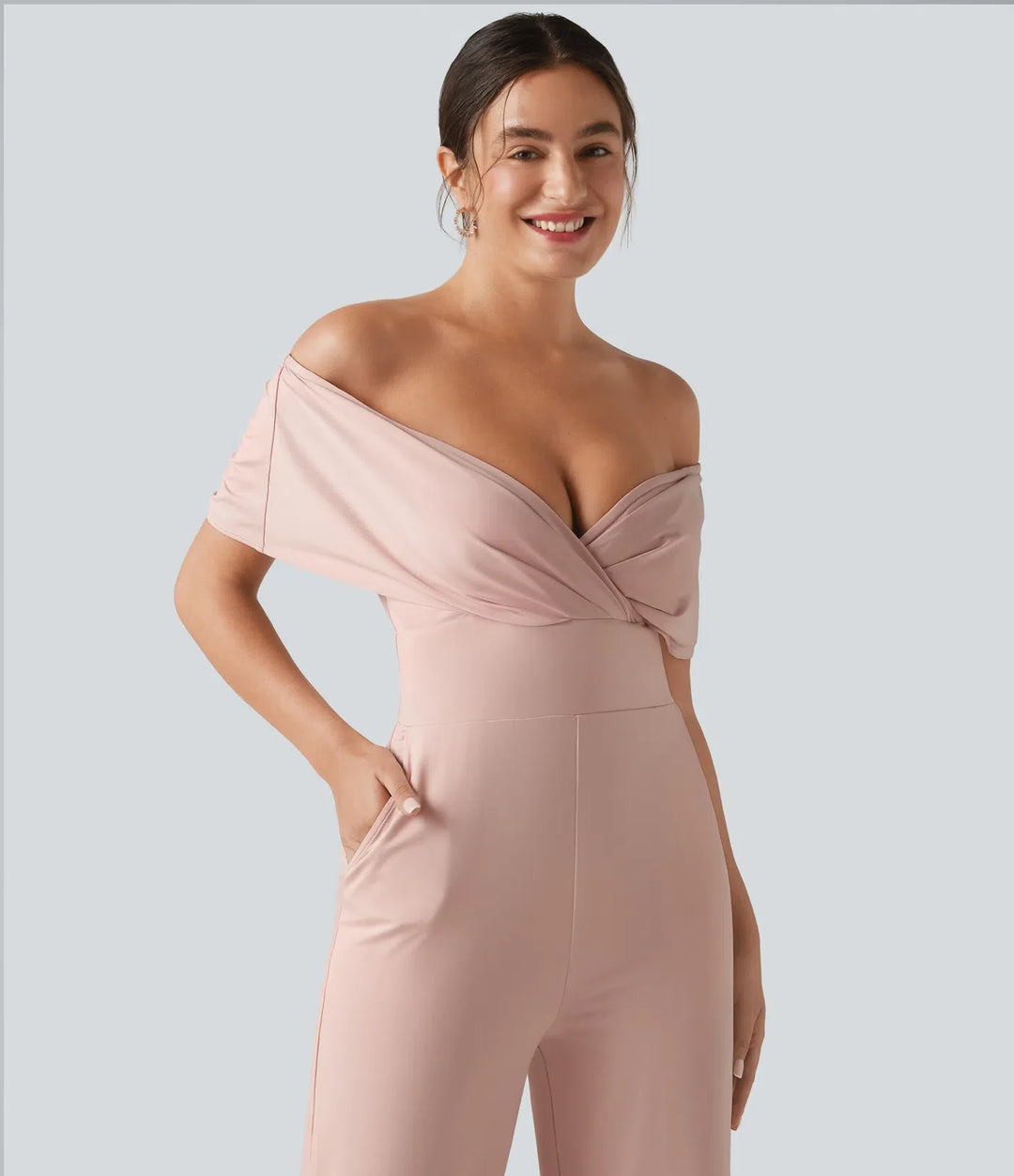 Off Shoulder Built-in Bra Short Sleeve Casual Jumpsuit with Pockets