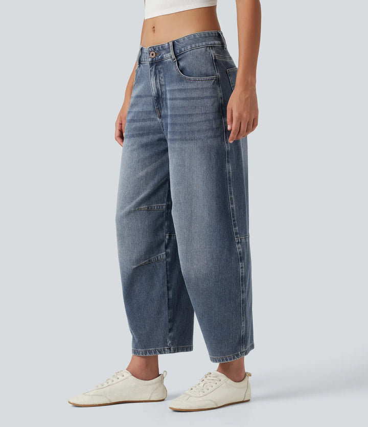 Halara Flex Low Rise Zipper Pockets Barrel Leg Casual Jeans