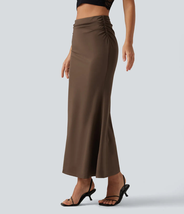 Tummy Control High Waisted 2-in-1 Ruched Casual Midi Mermaid Skirt