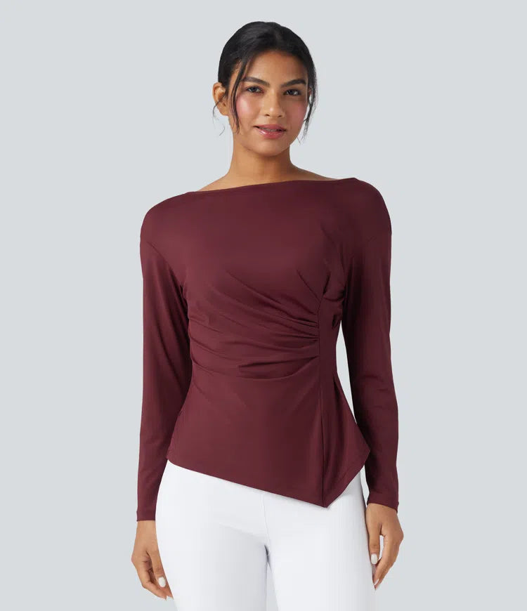 Boat Neck Long Sleeve Ruched Asymmetrical Hem Slim Work Blouse