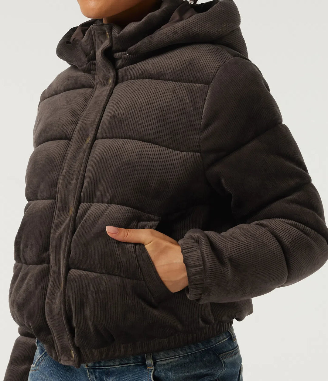 Ribbed Knit Removable Hood Long Sleeve Fleece Casual Padded Jacket with Pockets