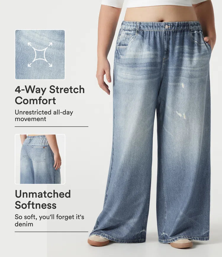 Plus Size Mid Rise Denim Print French Terry Casual Sweattrousers Jeans with Pockets