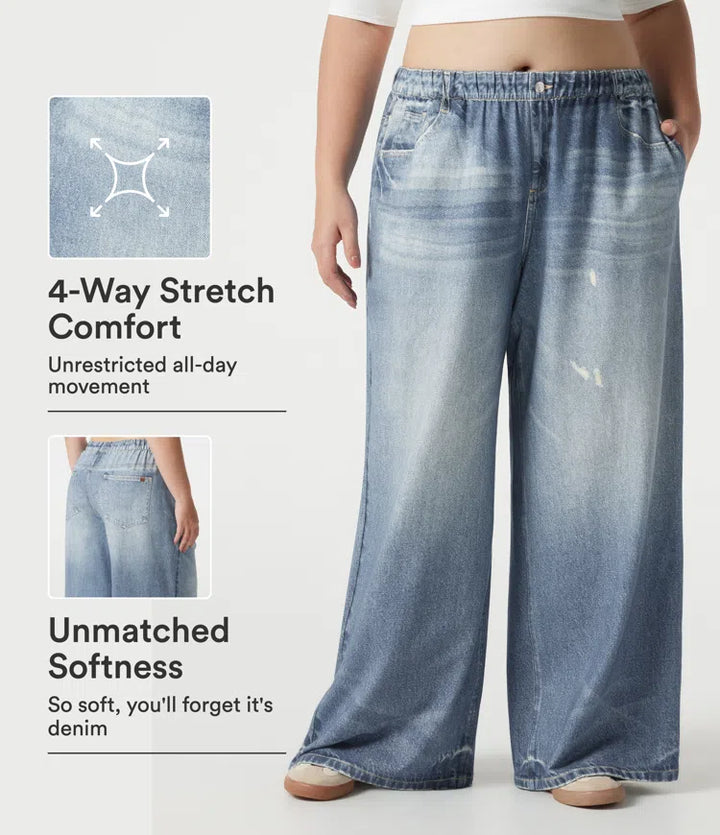 Plus Size Mid Rise Denim Print French Terry Casual Sweattrousers Jeans with Pockets