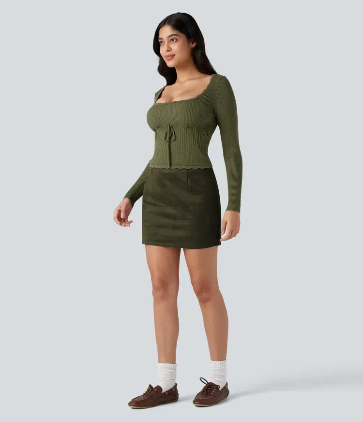 U-Neck Long Sleeve Scallop Trim Casual Jumper