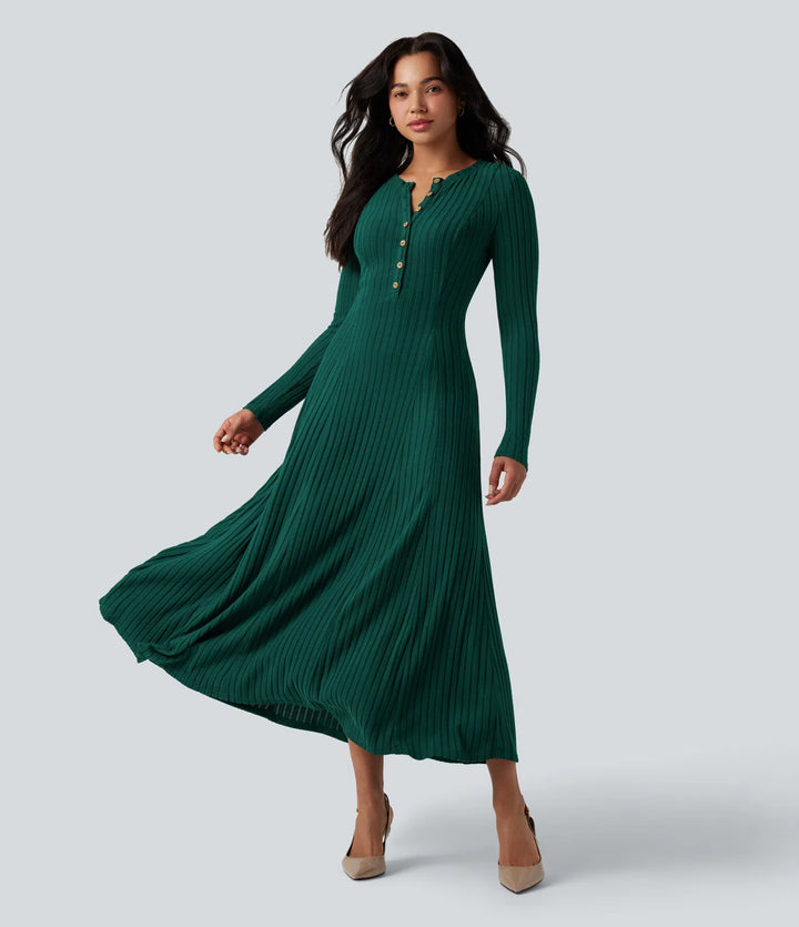 Ribbed Knit Henley Neck Long Sleeve Flowy Maxi Fleece Casual Dress